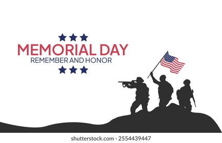 Memorial Day - Remember and Honor Poster. Usa memorial day celebration horizontal. American national holiday. Invitation template Silhouettes of army soldiers with USA flag on white background. 