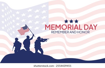 Memorial Day - Remember and Honor Poster. Usa memorial day celebration horizontal. American national holiday. Invitation template Silhouettes of army soldiers with USA flag on white background. 