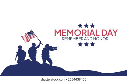 Memorial Day - Remember and Honor Poster. Usa memorial day celebration horizontal. American national holiday. Invitation template Silhouettes of army soldiers with USA flag on white background. 