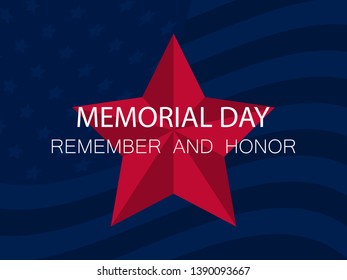 Memorial Day. Remember and Honor. Red five-pointed star on blue background with Flag of the United States. Vector illustration