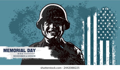 Memorial day , Remember and honor. Silhouette of a smiling soldier in a helmet - vector illustration, banner, card