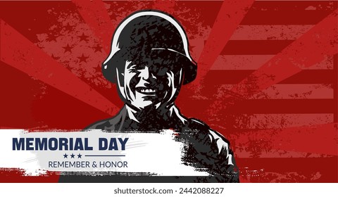 Memorial day , Remember and honor. Silhouette of a smiling soldier in a helmet - vector illustration, banner, card