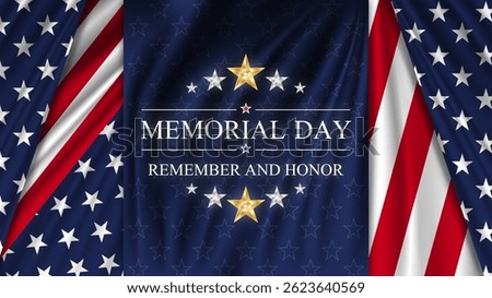 Memorial Day. Remember and Honor. United states flag poster. American flag and text on blue with stars background for Memorial Day. Vector illustration.