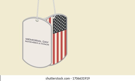 Memorial day. Remember and honor. USA symbol. Two military dog tag tokens of American army with the inscription and flag of the United States. Isometric vector illustration for the last Monday of May