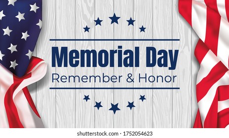 Memorial Day - Remember and honor with USA flag on a white table. Vector illustration.