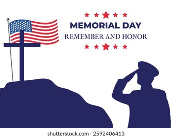 Memorial Day, Remember and Honor, USA Flag, Military silhouette saluting, grave, monument, cross, vector illustration. Memorial day concept with greeting vector illustration.