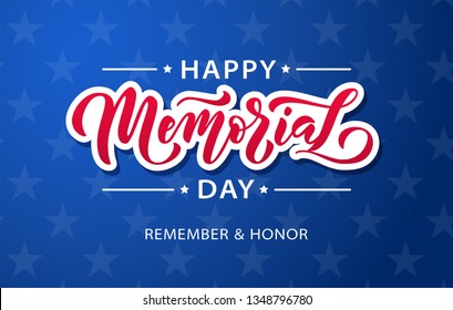 MEMORIAL DAY. Remember and honor. Vector illustration Hand drawn text lettering with stars for Memorial Day in USA. Script. Calligraphic design for print greetings card, sale banner, poster. Colorful