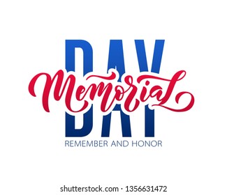 Memorial Day. Remember and honor. Vector illustration Hand drawn text lettering with stars for Memorial Day in USA. Script. Calligraphic design for print greetings card, sale banner, poster. Colorful