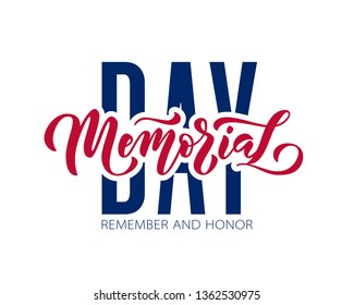 MEMORIAL DAY. Remember and honor. Vector illustration Hand drawn text lettering with stars for Memorial Day in USA. Script. Calligraphic design for print greetings card, sale banner, poster. Colorful