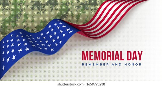 Memorial Day - Recuerde y honre la ilustración vectorial con la bandera de EE.UU. en un fondo claro y el patrón de camuflaje en píxeles khaki.Diseño de plantilla para tarjeta, banner, afiche. 