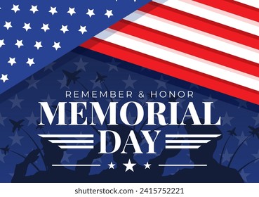 Memorial Day of Remember and Honor Vector Illustration with American Flag and Ribbon to Meritorious Soldier in Flat Cartoon Background