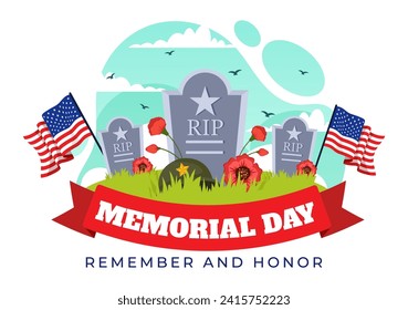 Memorial Day of Remember and Honor Vector Illustration with American Flag and Ribbon to Meritorious Soldier in Flat Cartoon Background