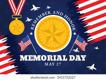 Memorial Day of Remember and Honor Vector Illustration with American Flag and Ribbon to Meritorious Soldier in Flat Cartoon Background