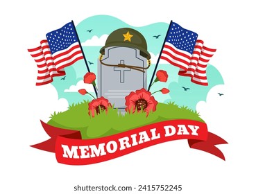 Memorial Day of Remember and Honor Vector Illustration with American Flag and Ribbon to Meritorious Soldier in Flat Cartoon Background