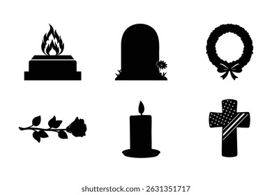 Memorial Day Remembrance and Honor Eternal Flame, Gravestone, Wreath, Candle, Rose, and Patriotic Cross