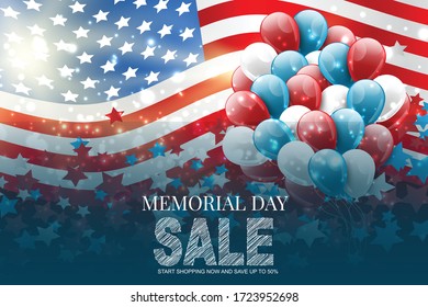 Memorial Day sale banner. Blue, red, and white USA national flag and balloons. Vector illustration.