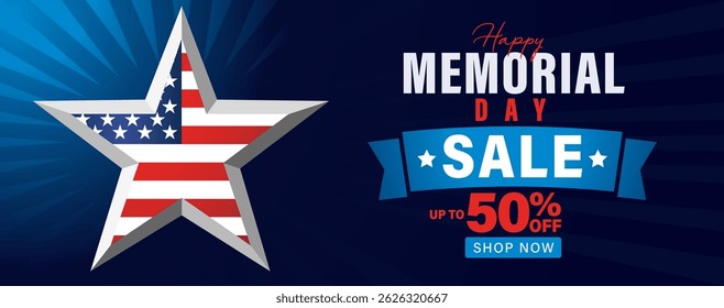 Memorial Day sale banner with flag US in star shape and light beams. Creative promotion poster template, up to 50% off discount for Memorial day. Vector illustration
