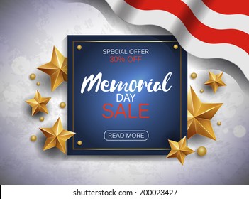 Memorial day sale banner with flag and golden stars. Vector