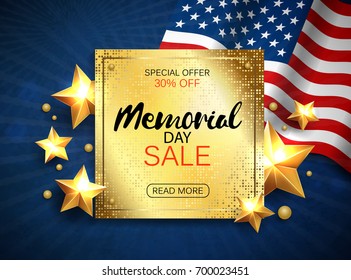 Memorial day sale banner with flag and golden stars. Vector