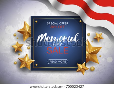 Memorial day sale banner with flag and golden stars. Vector