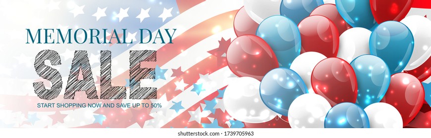 Memorial Day sale banner or long header. Blue, red, and white USA national flag and balloons. Vector illustration.