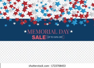 Memorial Day sale banner. Overlay design. Blue, red, and white stars. Vector illustration.