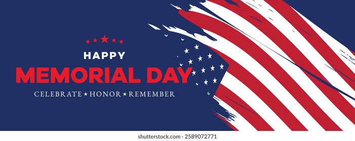 Memorial Day sale banner with patriotic red, white, and blue bunting and stars for festive marketing promotions and online advertisements
