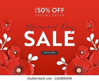 Memorial Day Sale Banner with Red Paper Cut Poppy Flowers. Remembrance Day Discount Poster with Symbol of Piece Poppies for Promo Flyer, Origami Brochure, Leaflet. Vector illustration