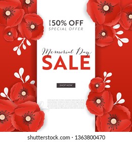 Memorial Day Sale Banner with Red Paper Cut Poppy Flowers. Remembrance Day Discount Poster with Symbol of Piece Poppies for Promo Flyer, Origami Brochure, Leaflet. Vector illustration