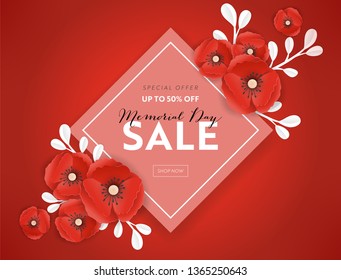 Memorial Day Sale Banner with Red Paper Cut Poppy Flowers. Remembrance Day Discount Poster with Symbol of Piece Poppies for Promo Flyer, Brochure, Leaflet. Vector illustration