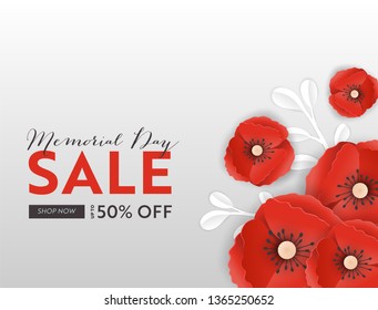 Memorial Day Sale Banner with Red Paper Cut Poppy Flowers. Remembrance Day Discount Poster with Symbol of Piece Poppies for Promo Flyer, Brochure, Leaflet. Vector illustration