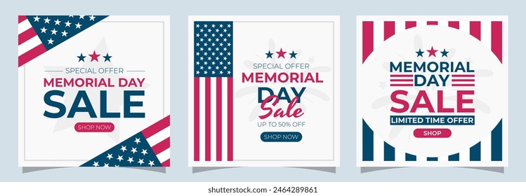 Memorial Day sale banner set. Promotional square backgrounds. Shopping, business and social media cards.