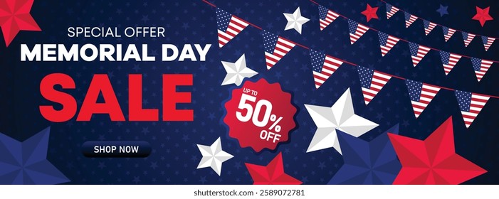 Memorial Day sale banner with stars, stripes, and red, white, blue design offering up to 50% off for marketing campaigns, online promotions, and advertisements