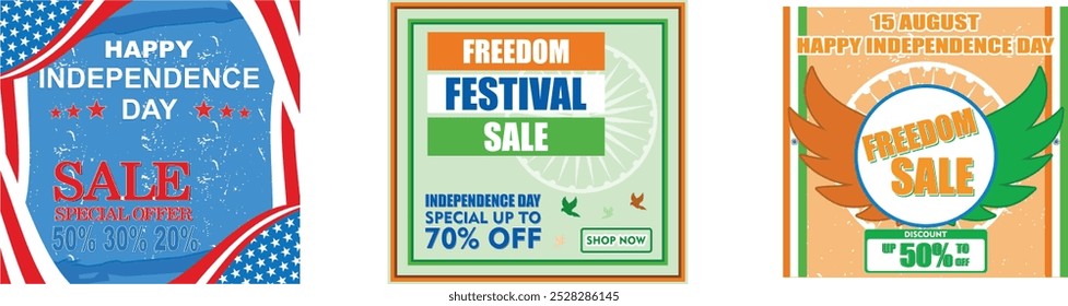 Modelo de banner Memorial Day Sale. Festival do Dia da Independência da Índia. Venda criativa para a Índia 77o dia da independência 15 agosto. Definir ilustração moderna de vetor plano 