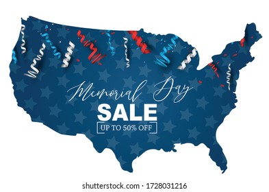 Memorial Day sale banner. United States of America country shape. Blue, red, and white ringlets. Vector illustration.