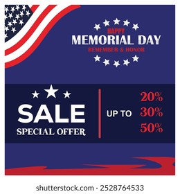 Memorial Day Sale with special discounts. National flag flying on blue background. Independence Day sale concept. Flat vector illustration.