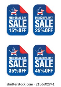 Memorial day Sale sticker set. Sale 15%, 25%, 35%, 45% off. Vector illustration