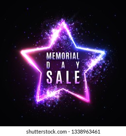 Memorial day sale text in glowing star shape neon sign with particles stars light flash. Discount card or flyer template. Memorial Day banner design. Colorful vector illustration on dark background.