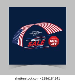 memorial day sale web banner. happy memorial day holiday sale post. memorial day weekend sale banner. Memorial Day social media promotion template design of USA national flag colors