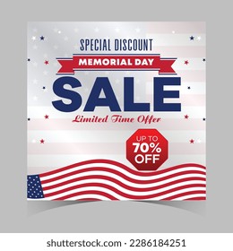 memorial day sale web banner. happy memorial day holiday sale post. memorial day weekend sale banner. Memorial Day social media promotion template design of USA national flag colors