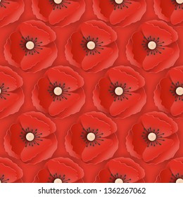 Memorial Day Seamless Pattern with Paper Cut Out Red Poppy Flowers. Poppies Background Symbol of Piece Remembrance Anzac Day. Vector illustration