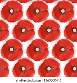 Memorial Day Seamless Pattern with Paper Cut Out Red Poppy Flowers. Poppies Background Symbol of Piece Remembrance Anzac Day. Vector illustration