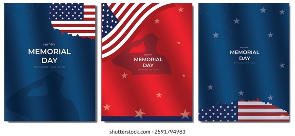Memorial day. Set of flyers is red, blue with a silk texture. Vector 10 eps