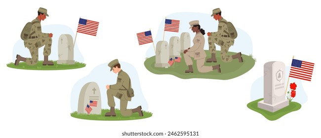 Día de la Conmemoración. Soldados de la banda Military Diverse, hombres y mujeres, de pie sobre una rodilla frente a tumbas con banderas estadounidenses. Cementerio Militar de Veteranos. Ilustración vectorial en estilo plano. Elementos aislados 