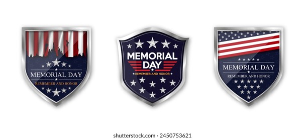 Memorial day. Set of realistic steel shield badges for the holiday memorial day. National holiday of the USA. Vector illustration.