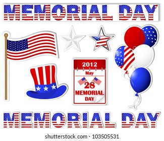Memorial day. A set stickers of different icons with a picture the American flag. Vector illustration.10eps.