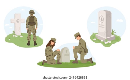 Fiesta del Día de los Caídos. Cementerio Militar de Veteranos. Soldado guerrero, mujer y hombre en uniforme en una rodilla frente a la tumba de lápida. Ilustración vectorial. Elementos aislados 