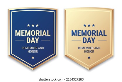Memorial Day shield badges vector design, in blue and golden colors, isolated on white background.
