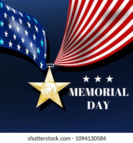 Memorial day, silver star with a ribbon in the form of the us flag.