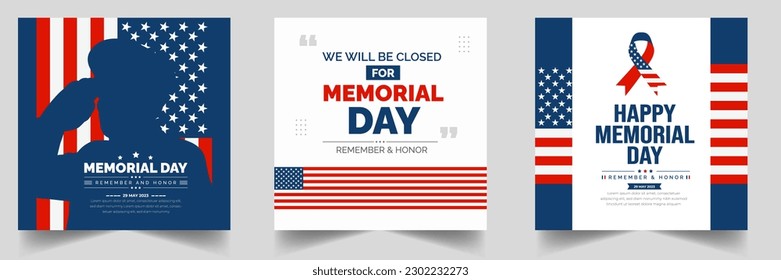 Memorial Day social media post banner set, Background or typography design set. Remember and Honor. National American holiday illustration. Vector Memorial day greeting card or background design.